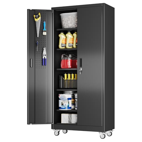 Image of Aobabo Metal Garage Storage Cabinet with Wheels, 71 inch Tall Lockable Cabinet