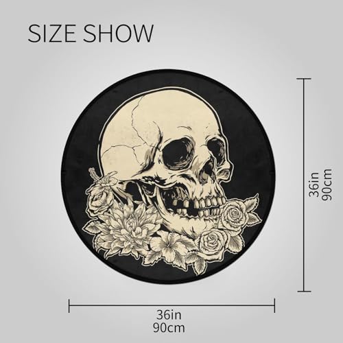 keepcute Round Skull Area Rug 3ft - Skull Rose Flower Black Round Carpet Non-Slip Rug Washable Floor Mats for Kitchen Bedroom Living Room, 3' x 3' Round