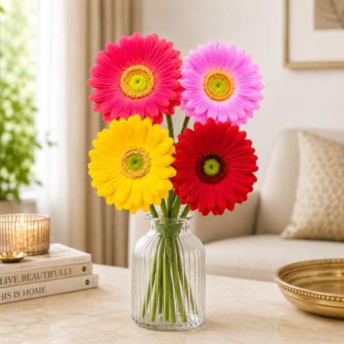 Image of CURATED CART Daisy Artificial Flowers Bunch - Pack of 4, 30 Cm, Gerbera Flowers for Vase | Real Touch with Bendable Stems | Mixed Colours Flower for Home, Kitchen, Office Decor (No Vase)