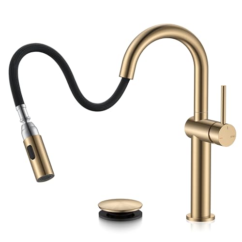 KENES Champagne Bronze Pull Down Tall Vessel Sink Faucet 1 Hole 1 Handle