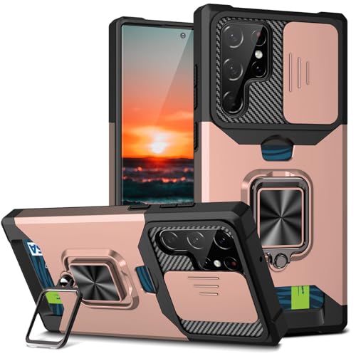 Coque Samsung S26 Ultra robuste antichoc avec fentes pour cartes et béquille rose