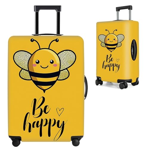 Image of Be Happy Bee Luggage Cover - Cute Yellow Travel Suitcase Protector with Motivational Quote - Stretchable Anti-Scratch Cover for 24-26 Inch Luggage,M