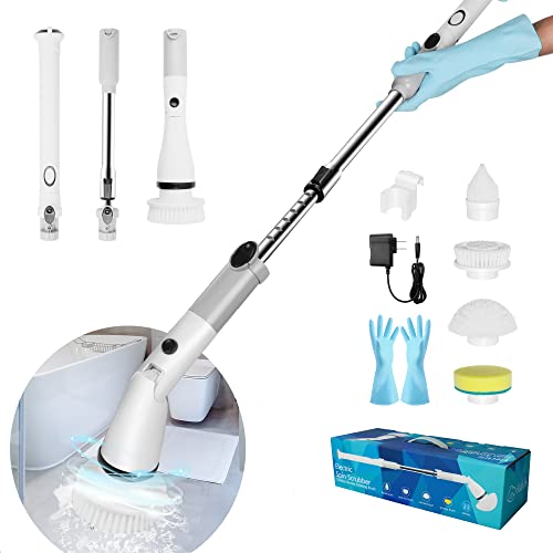 Shower Scrubber for Cleaning, Electric Spin Scrubber Cordless Shower Cleaning Brush,360 Power Rotation, 4 Replaceable Brush Heads, Cleaning Brush with 1 Extension Arm and Gloves,for Tile,Floor,bathtub