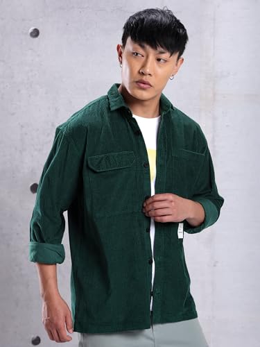 Image of Beyoung Bottle Green Box Corduroy Urban Shirt for Men