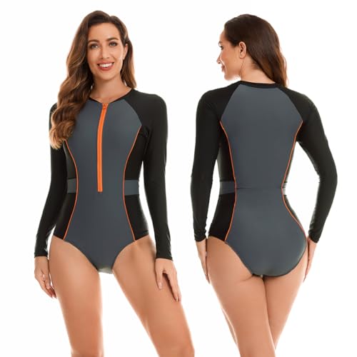 LafyKoly Women's One Piece Rash Guard Swimwear Long Sleeve Zipper UV Protection Swimsuit Surfing Bathing Suits2
