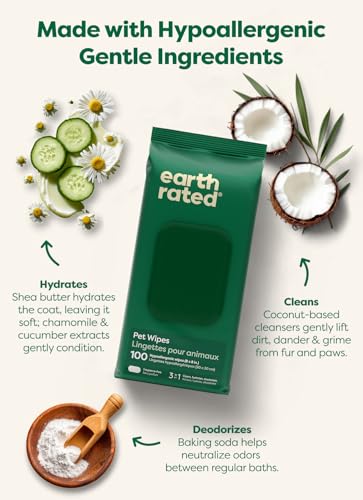 Earth Rated Pet Wipes for Dogs and Cats, Hypoallergenic, 3-in-1 Cleaning, Deodorizing and Hydrating, for Grooming Paws, Body and Butt, Unscented, 100 Count