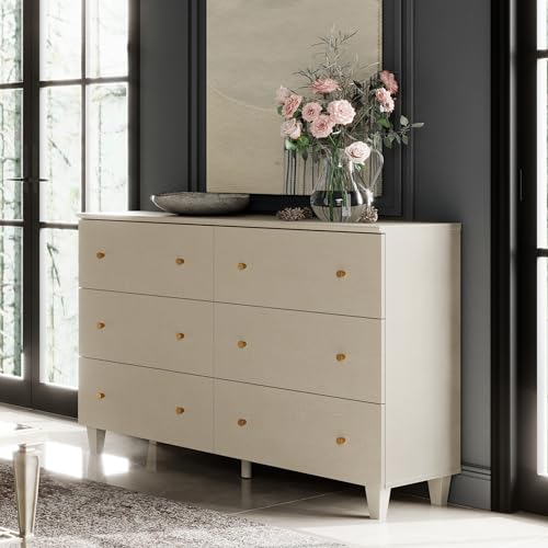 Image of WAMPAT 6-Drawer Dresser for Bedroom, Modern Chest of Drawers with Gold Knobs, 47.2 Inch Wide Linen Printed Finish Wood Storage Organizer for Kids Room, Living Room, Nursery, Dark Beige