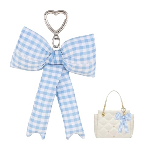 Image of Pink Bow Keychain Bag Charms Y2K Bowknot Plaid Keychains Coquette Aesthetic Purse Handbag Backpacks Charms (Blue 1)