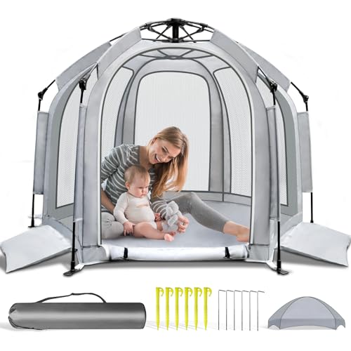 Baby Playpen with Canopy, Portable Baby Beach Tent, Toddler Play Yard Indoor and Outdoor, Foldable Mosquito Net for Infant - Grey