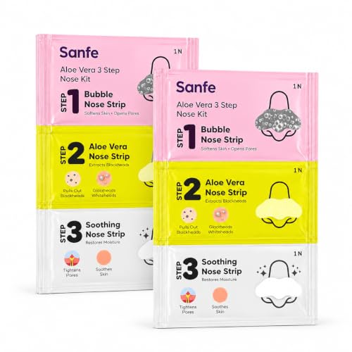 Image of Sanfe Aloe Vera 3 Step Nose Kit | 3 Units | Nose Strips for Blackhead Removal Routine | Deep Cleansing Pore Cleaning Strips for Oily Skin Care | At Home Cleansing Kit | Peel-Off Mask Style (Pack of 2)
