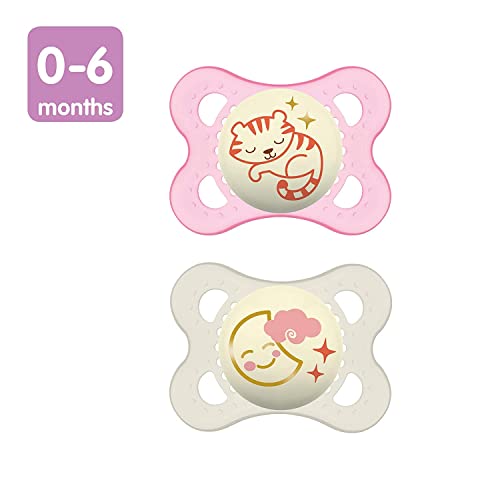 Image of MAM Original Day & Night Baby Pacifier, Nipple Shape Helps Promote Healthy Oral Development, Glows in The Dark, 0-6 Months, Baby Girl, 2 Count