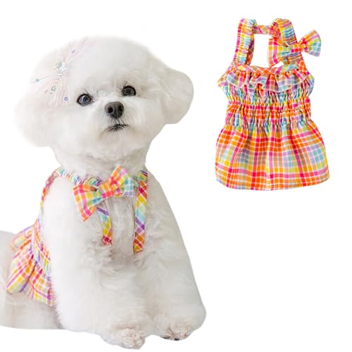 Image of HDKUW Small Dogs Dress with Bow,Chihuahua Yorkies Female Dog Clohtes,Pink Plaid Puppy Tutu Princess Dresses with Dog Bowknot,Girl Doggie Cats Skirt Outfits 2XL