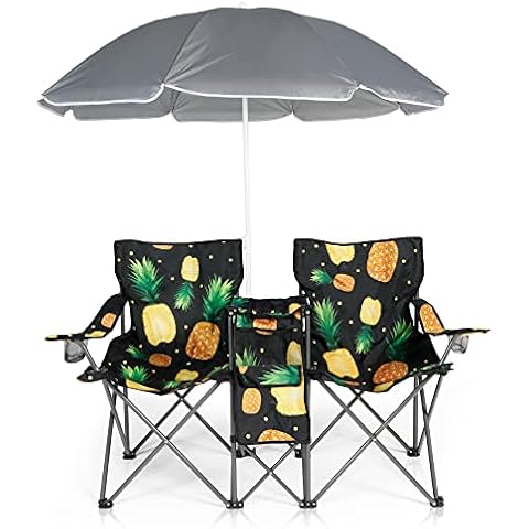 LAZZO Double Folding Camping Chairs, Portable Camping Chairs w/Removable Umbrella Mini Table Cooler Bag, Outdoor Picnic Double Folding loveseat Camp Chairs for Beach Patio Pool Park (Pineapple) Cover