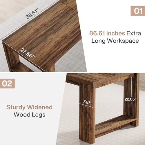 Image of Tribesigns 2 Person Desk Set of 2, 86.6 Inches Extra Long Desk, Two People Computer Writing Table, All Wood Large Desks Workstation for Home Office, Rustic Brown
