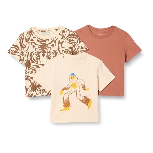 Amazon Essentials Boys' Cotton T-shirts, Pack of 3, Terracotta/Tiger Faces/Yeti, Large