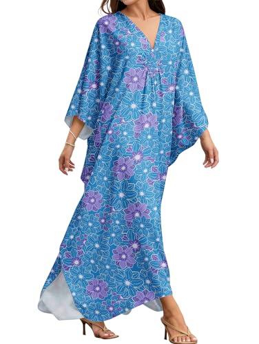 Image of MAKABO Kaftan Dresses for Women, V Neck Moo Moos Colorful Print Cover Ups Caftan Beach Dresses for Swimwear