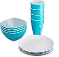 PLASTI HOME Reusable Plastic Dinnerware Set (12pcs) – Ideal for Kids. Fancy Hard Plastic Plates, Bows & Cups in Blue Colors – Microwaveable & Dishwasher Safe Flatware & Tumblers for Daily Use