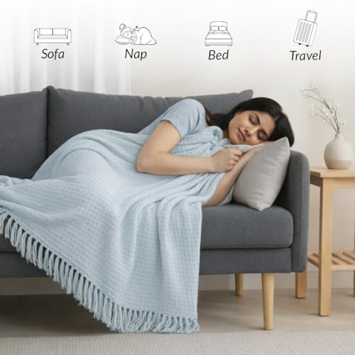 Image of HOMEMONDE 100% Cotton Handloom Waffle Throw Blanket for Sofa & Bed | Soft Lightweight Decorative Throw with Tassels | All-Season Couch, Chair & Bed Throw (50 x 60 Inches - Ice Blue)