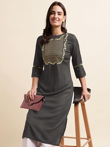 Image of MIRCHI FASHION Women's Straight Fit Rayon Sequins Embroidered and Polka Dots Printed Kurti Only