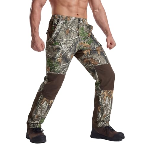 LOOGU Camo Hunting Pants for Men Water-Resistant Quiet & Matte Turkey Hunting Camo Pants for Men with 6 Pockets 30W x 30L Tree Camo Dark Brown