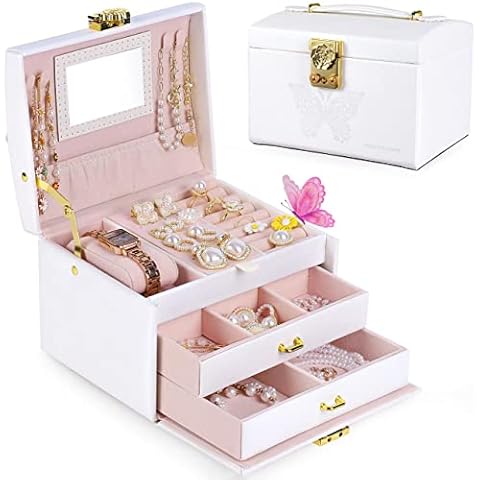 Pretty Comy Jewelry Box for Girls Women, Girls jewelry box 3 Layer with PU Leather, Travel Jewelry Case with Mirror for Earring Ring Necklace, Best Gift for Girls Cover