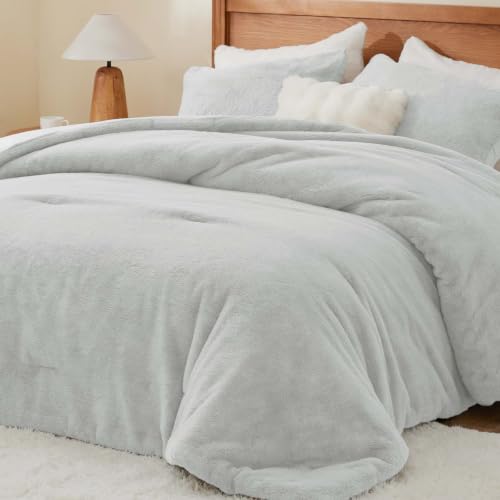 BEDELITE Faux Fur Queen Comforter Set Silver Grey,Warm Comforter for Winter