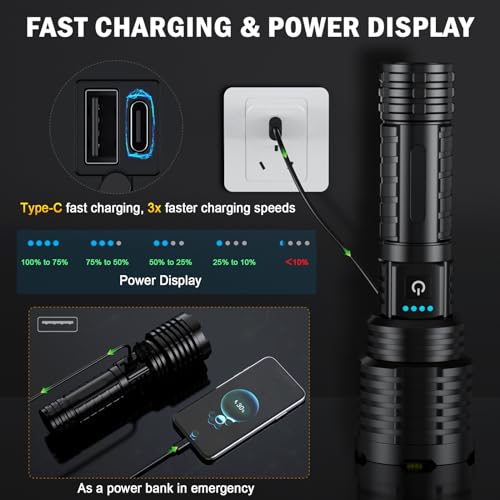 Rechargeable Flashlights 5000.000 High Lumens,Super Bright LED Flashlight for Home Emergency, Waterproof Handheld Flashlights with Pouch, 5000mAh Battery, Spotlight and Floodlight Function