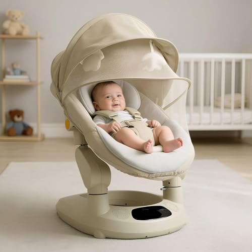 Image of StarAndDaisy baby rockers for 0 to 2 years, Baby Multi functional rocker / rocking chair for babies Infants & Toddler with 5-level Automatic Swing & Bouncer / cradle with touch panel & hanging toys - Beige
