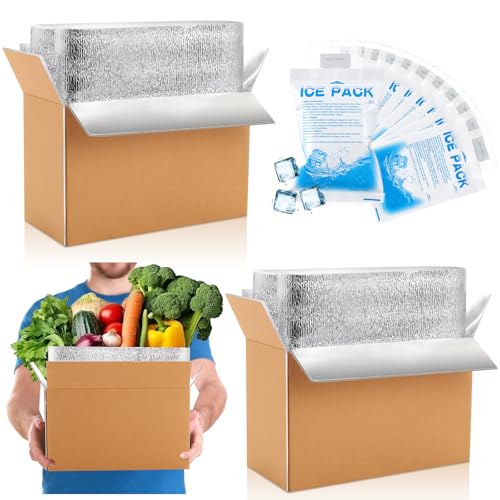 Honoson 2 Pcs Thermal Insulated Shipping Boxes for Frozen Food with Ice Pack and Aluminum Foil Liner for Shipping Big Cold Pack Cooler Mailing Boxes for Moving Hot Frozen Food (12'' X 5.5'' X 7.5'')