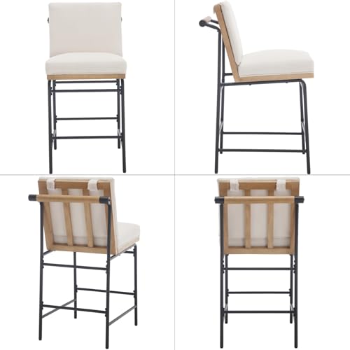 Butacos DUOMAY estilo mid century modern, altura de asiento 26", color beige lino, juego de 2 unidades, con estructura metálica negra y asiento tapizado en lino miniatura 3