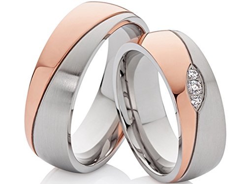 2 los anillos de compromiso de boda anillos de compromiso anillos de bodas de acero inoxidable bicolour rosa de oro plateado con 3 Zirconia y grabado por láser Cover
