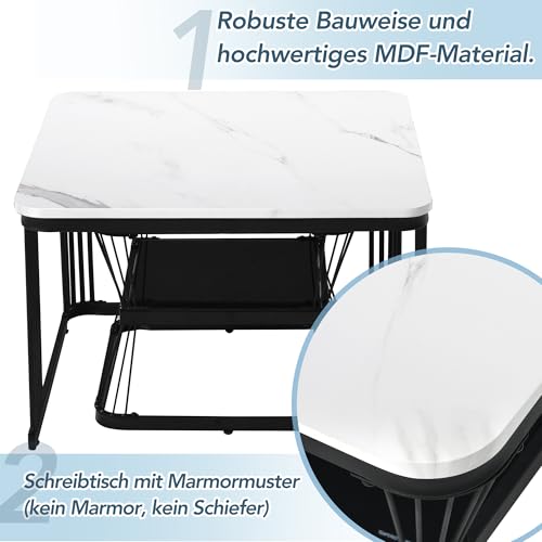Merax Quadratisch Couchtisch 2er Set, Moderne Wohnzimmertisch mit Marmoroptik, Hochglänzend Satztisch mit Stauraum, für Wohnzimmer, Balkon und Büro, Metallgestell, Weiß und Schwarz – Bild 4