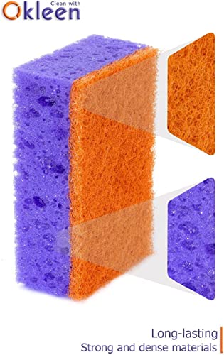 Image of Purple and Orange Multi Use Scrub Sponges. Made in Europe. 18 Pack, 4.3x2.8x1.4 inches. Heavy Duty & Non Scratch Fiber. Odorless, Durable, Delicate, Rinse Clean Violet Scrubber