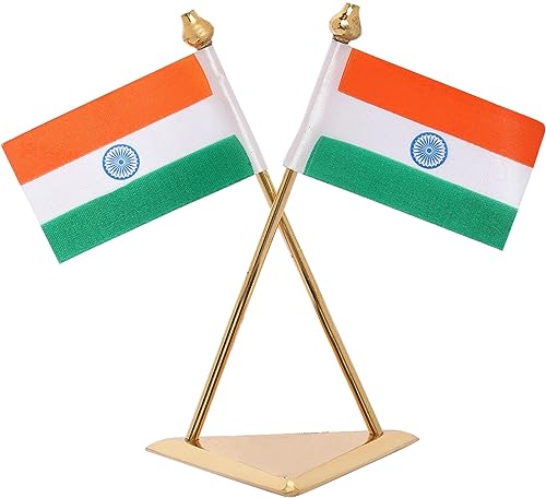 VOILA Premium Brass Triangle Base Indian Flag for Car Dashboard Interior Desk Decoration and Office Table Decoration