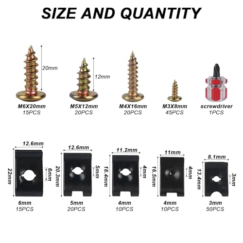 205 Stk Blechmutter Schraube Mutter Clip Kit, inkl 100 Kreuzkopf Blechschrauben, 105 U Typ Blechmuttern, Kfz Karosserieschrauben, U Typ Auto Kotflügelclips Karosserie-Klemmen und Schrauben