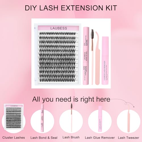 Image of Lash Extension Kit LAUBESS Lash Clusters Kit Cluster Eyelash Extensions Kit Eyelash Clusters Lash Bond and Seal Waterproof Tweezers Brush Lash Glue Remover (Kit 40D-C-Mix8-14)