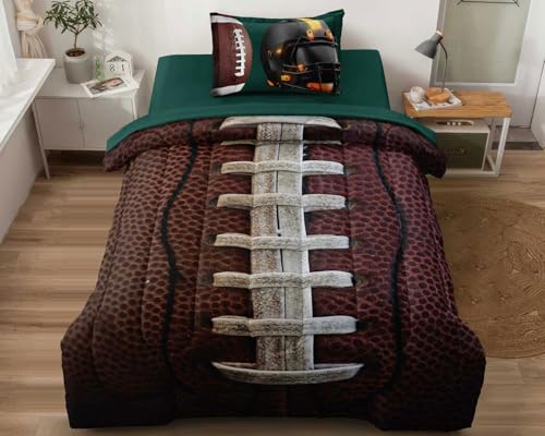 Leaflin Teen Boy Football Bedding Set Twin Size, 4 Pieces American Football Comforter Set Twin, Kids Sports Bedding Bed in a Bag Set, Green Brown