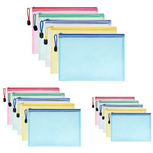 Vicloon Bolsa de Archivo de Cremallera,15 Pcs A3+A4+A5 Bolsa de Documentos Multicolor de Malla Bolsa de Archivo Bolsas de Cremallera de Almacenamiento para Cosméticos Suministros de Oficina Accesorios