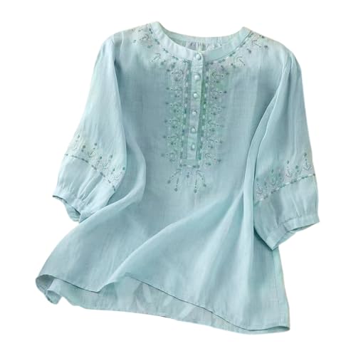 Blusa de lino estilo bohemio casual para mujer, estilo bohemio, estilo bohemio, campesino, verano, floral, bordada, para primavera, hippie, con volantes frontales, para mujeres mayores, gasa vintage