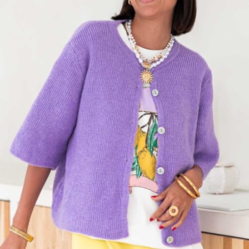 Image of Womens Button Up Short Sleeve Cardigans Sweater Cropped Lightweight Round Neck Elegant Knit Tops with Pockets