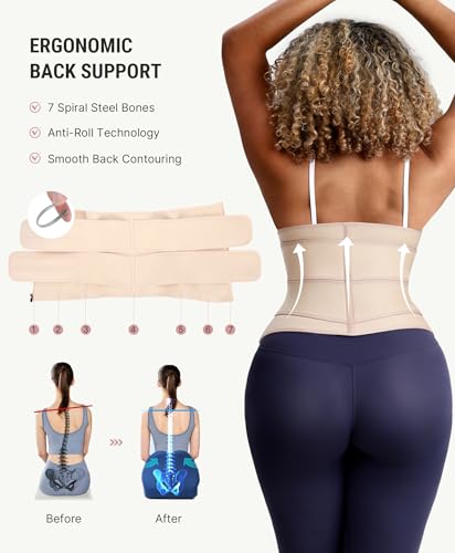 Image of FeelinGirl Waist Trainer for Women Belly Fat Long Torso Sauna Workout 2 Belt With Zipper 7 Steel Bones Corset