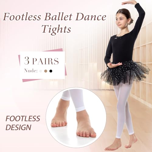 3 Pairs School Girl's Footed and Footless Ballet Dance Tights Age(2-16),Black White Nude3
