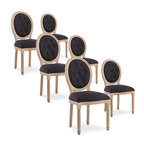 INTENSE DECO Lot de 6 chaises médaillon capitonnées Louis XVI Tissu Noir