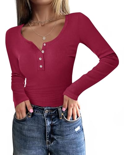 Fessceruna Damen Langarmshirt U-Ausschnitt Slim Fit Oberteil Longsleeve Shirt Basic Geripptes Pullover mit Knöpfen(Weinrot, S)
