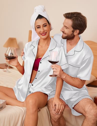 Image of Ekouaer Couple Matching Pajamas Sets Silk Short Sleeve Button Down Sleepwear Satin Pjs Shorts Set Soft Loungewear S-XXL