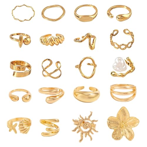DAVBNM 18 Pcs Chunky Gold Rings for Women, Gold Stackable Knuckle Rings Boho Stacking Thick Open Ring, Golden Plated Ring Set, Statement Jewellery for Ladies