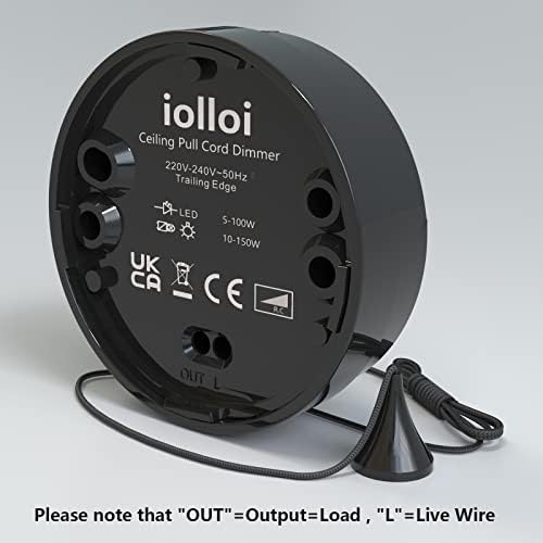 iolloi Pull Cord Dimmer Switch, Trailing-Edge Dimmer Switch For Dimmable LED,Incandescent and Halogen Bulbs, No Neutral Required,1 Gang, 3-100W (1-10 LEDs), Black