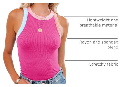 Image of siliteelon Womens Colorblock Racerback Crew Neck Casual Basic Ribbed Fitted Tank Top Sleeveless Camis