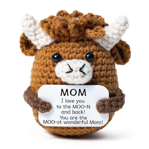 Jubilora Funny Crochet Highland Cow Gifts for Mother, Emotional Support Crochet Gifts of Desk Decor, Mini Crocheted Animals of Mother’s Day Birthday Gift for Mom, Mom Gift from Daughter Son