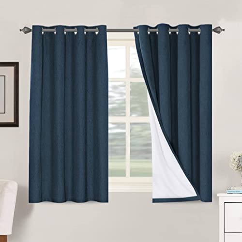 Image of H.VERSAILTEX Linen Blackout Curtains 54 Inches Long 100% Absolutely Blackout Thermal Insulated Textured Linen Look Curtain Draperies Anti-Rust Grommet, Energy Saving with White Liner, 2 Panels, Navy
